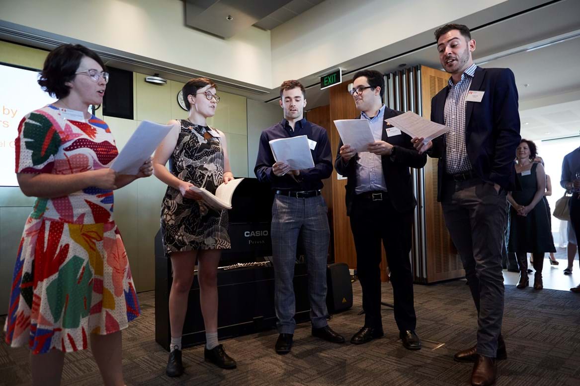John Monash Scholars and Musicians (L to R): Kathryn Roberts Parker, Miranda Gronow, Dr Harrison Steel, Michael Grebla and Jonty Coy entertaining friends and supporters at the Cocktail Reception.
